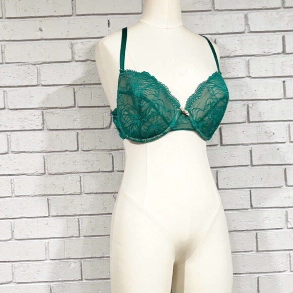 Heidi Klum Intimates Emerald Green Floral Lace Underwire Bra Scalloped Trim 36DD